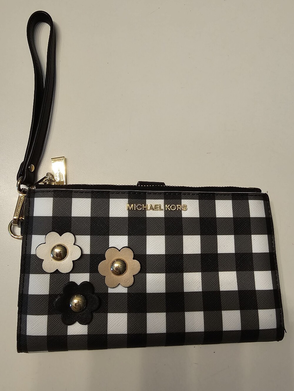 Michael Kors Black & White Gingham Wristlet with Floral Studs